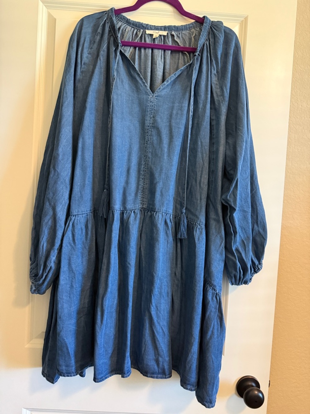 easel Blue Denim Midi Peasant Dress